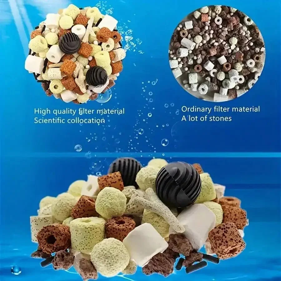 Media filtrant premium pour aquarium de 420 g dans sac maillé avec anneaux en céramique, charbon actif, etc. Améliore la filtration et la qualité de l’eau