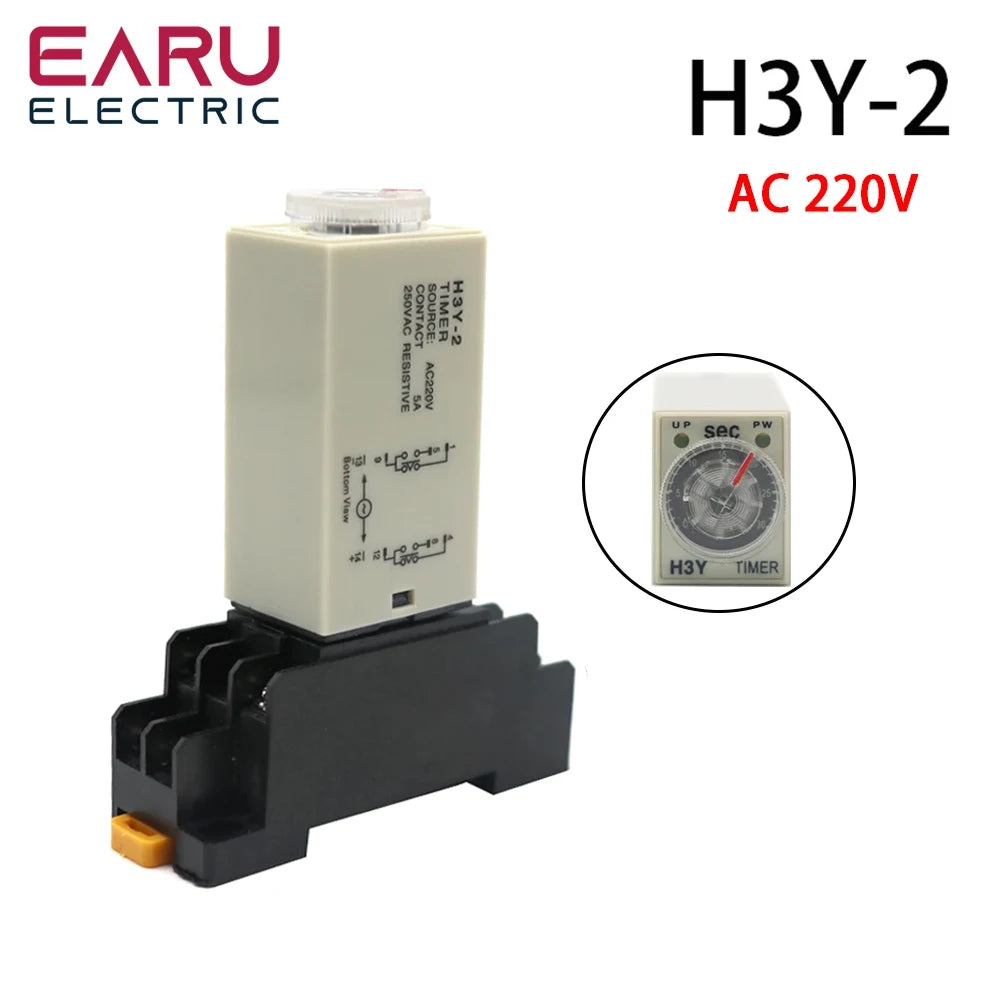 H3Y-2 AC220V-vertraagtimer met voet en stopcontact, inschakelvertraging, draaiknop, DPDT 0-30s 60Min, instelbaar tijdrelais voor huisautomatisering