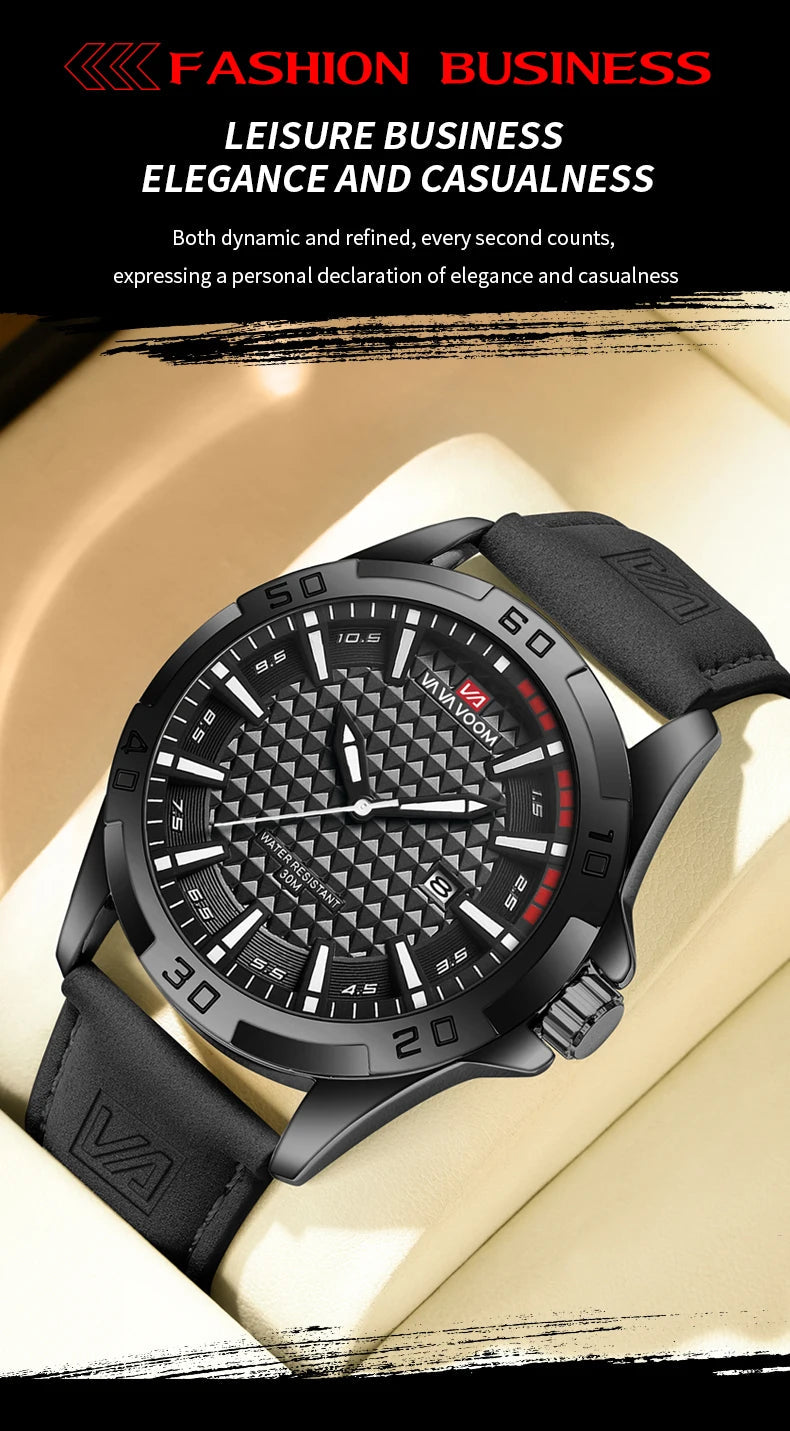 VA VA VOOM Men Casual Sport Military Quartz Calendar Wrist Watch for Man Business Leather Waterproof Male Clock Relogio Masculin 