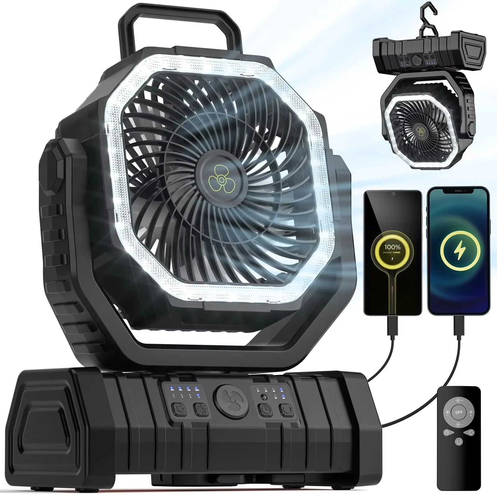 20000mAh Camping Fan with LED Light and Hanging Hook