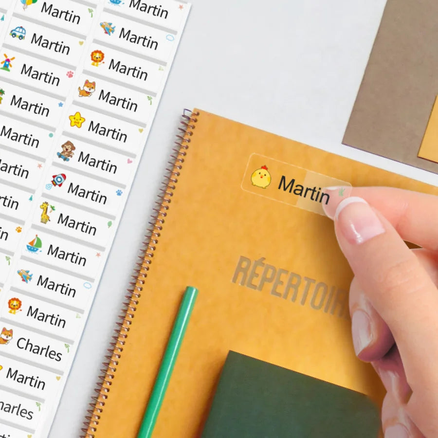 Custom Waterproof Transparent Name Stickers - Personalized Multilingual Labels for Kids School Supplies (Hebrew/English/Spanish) 