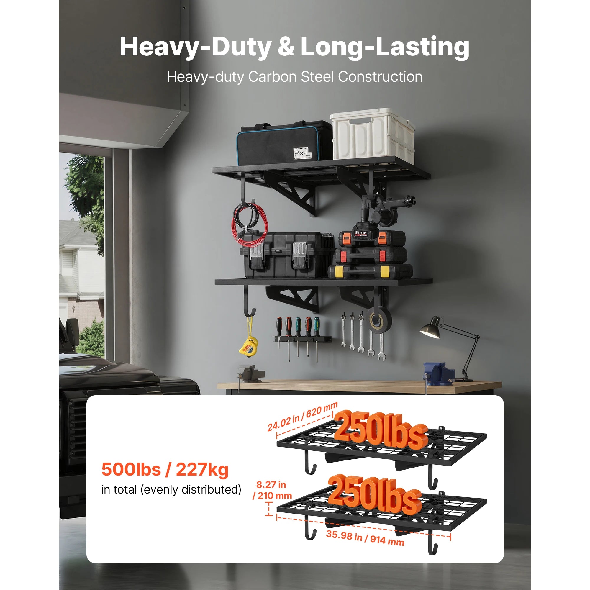 Heavy-Duty Garage Wall Shelving 2-Tier Steel Rack with Hooks