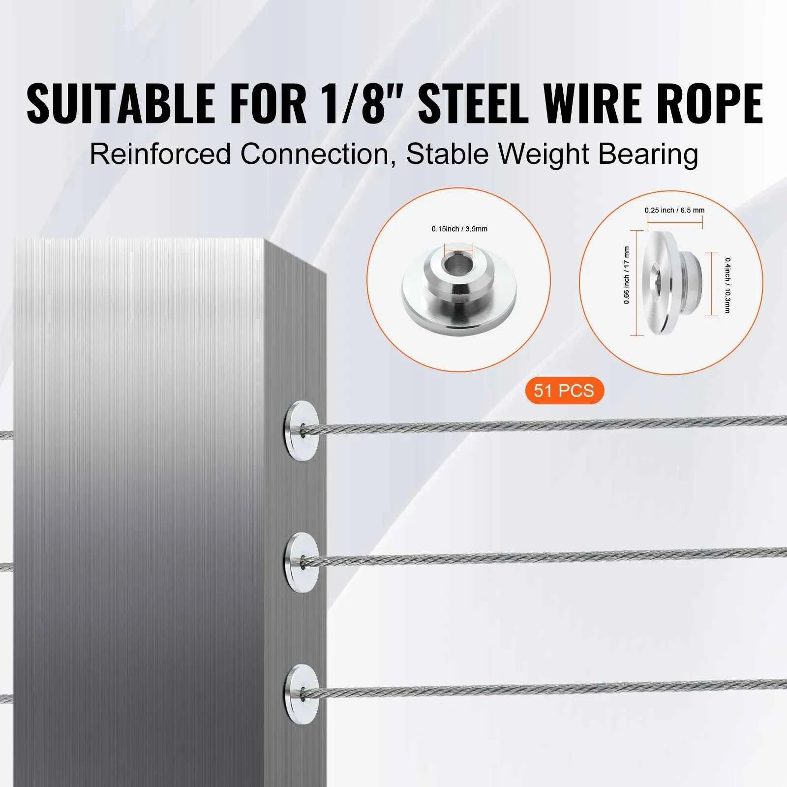 VEVOR 51Pack Cable Railing Kit 1/8" Wheel Protector with Black Invisible 1/8"  Tensioner &Covers for 0.41inch Horizontal Hole