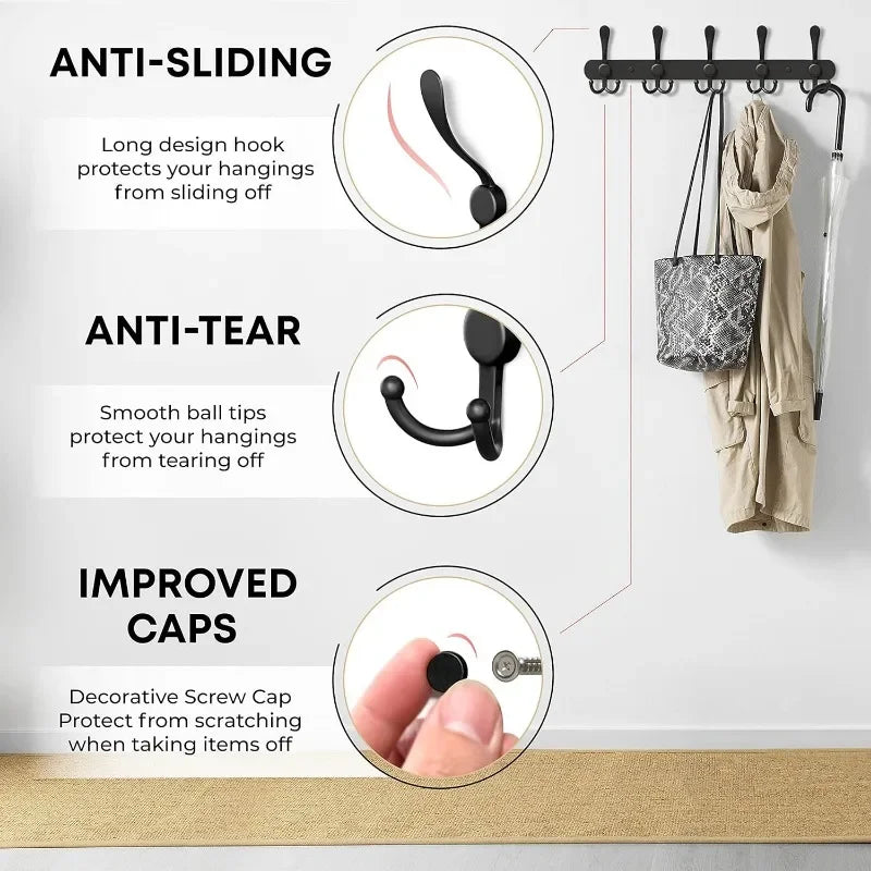 Wall-Mounted Coat Rail with Five Triple Hooks