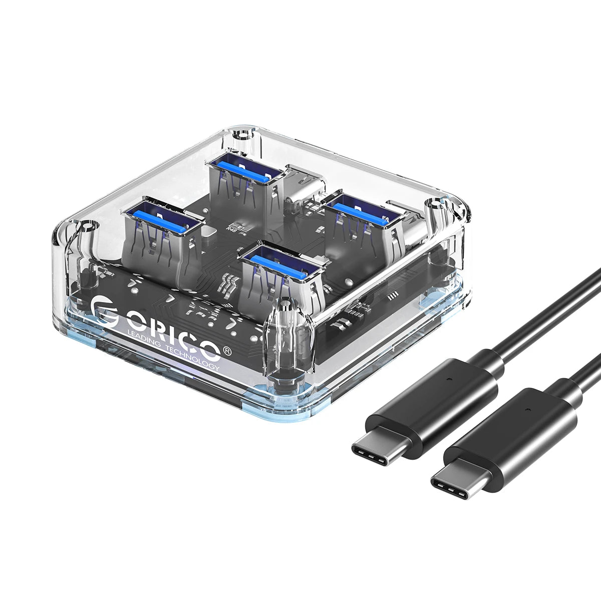 Transparent Four-Port USB Hub with Auxiliary Power Port