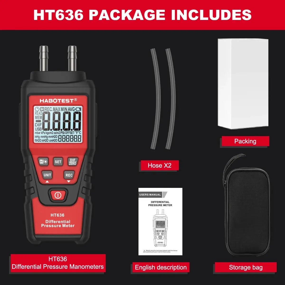 HT637? Wait original 12 is HT636 Differential Air Pressure Manometer| HT636 differentiële luchtdrukmanometer