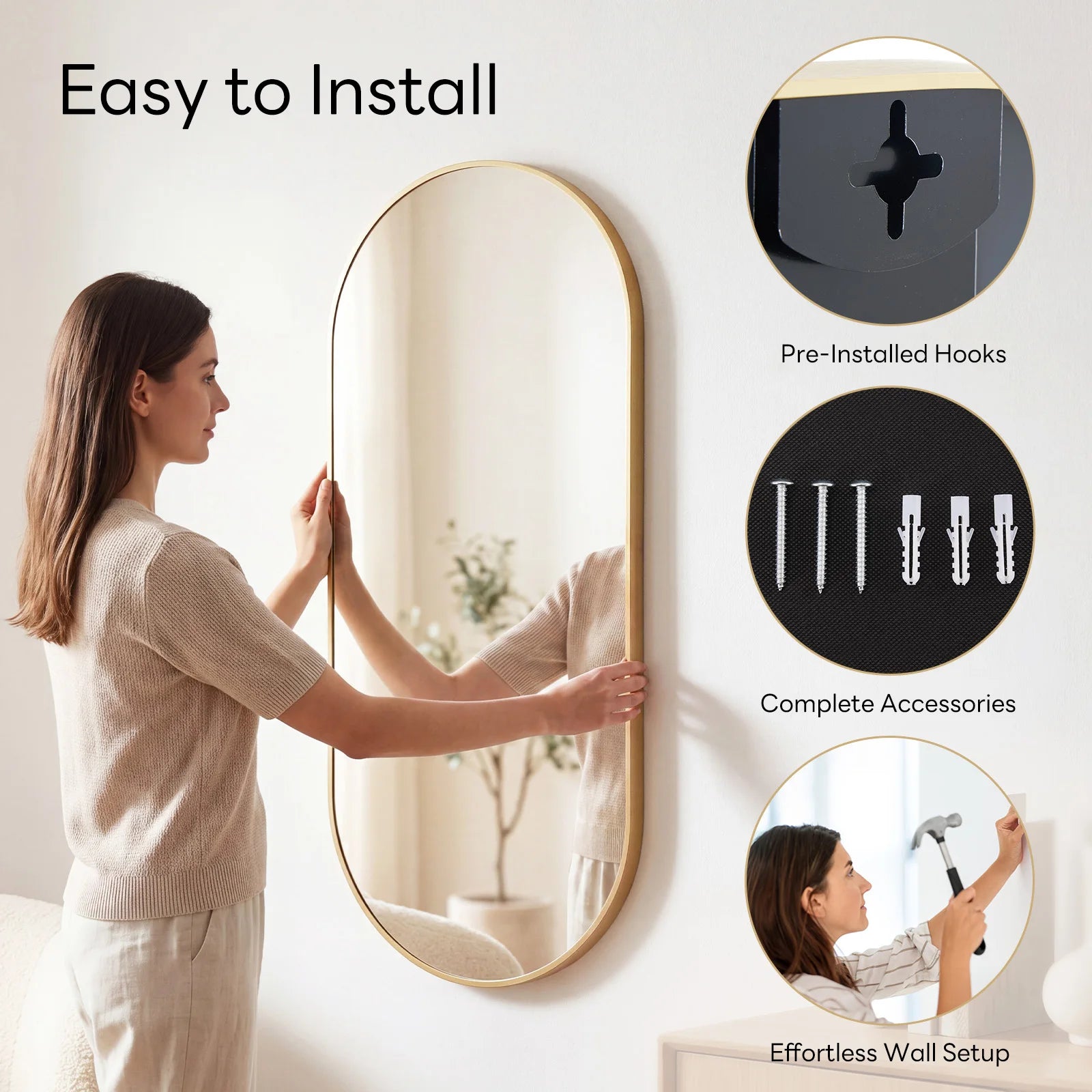Oval Wall Mirror with Metal Frame – Modern Tempered Glass Decor
