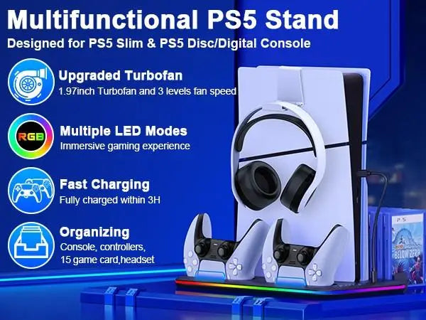 Slim Console Cooling Stand with RGB Light, Dual Controller Charger, 15 Game Slots and Headset Holder