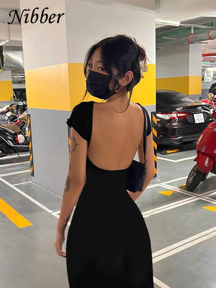 Nibber Solid Sexy Backless Maxi Dress Women Elegant Elastic Slim Short Sleeve Long dresses Female Bodycon Streetwear Clothing 