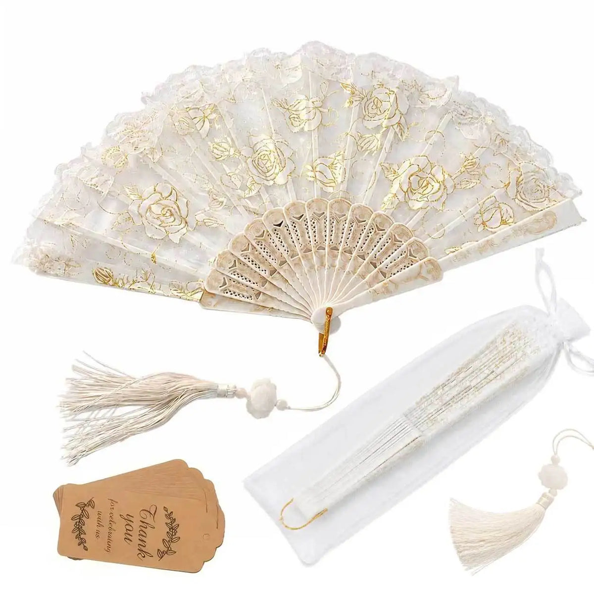 White Lace Folding Hand Fan with Gold Rose Embroidery