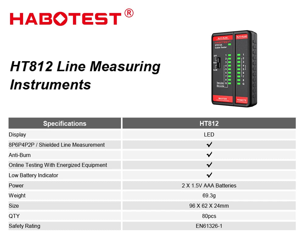 HT812A RJ45 and RJ11 Cable Tester