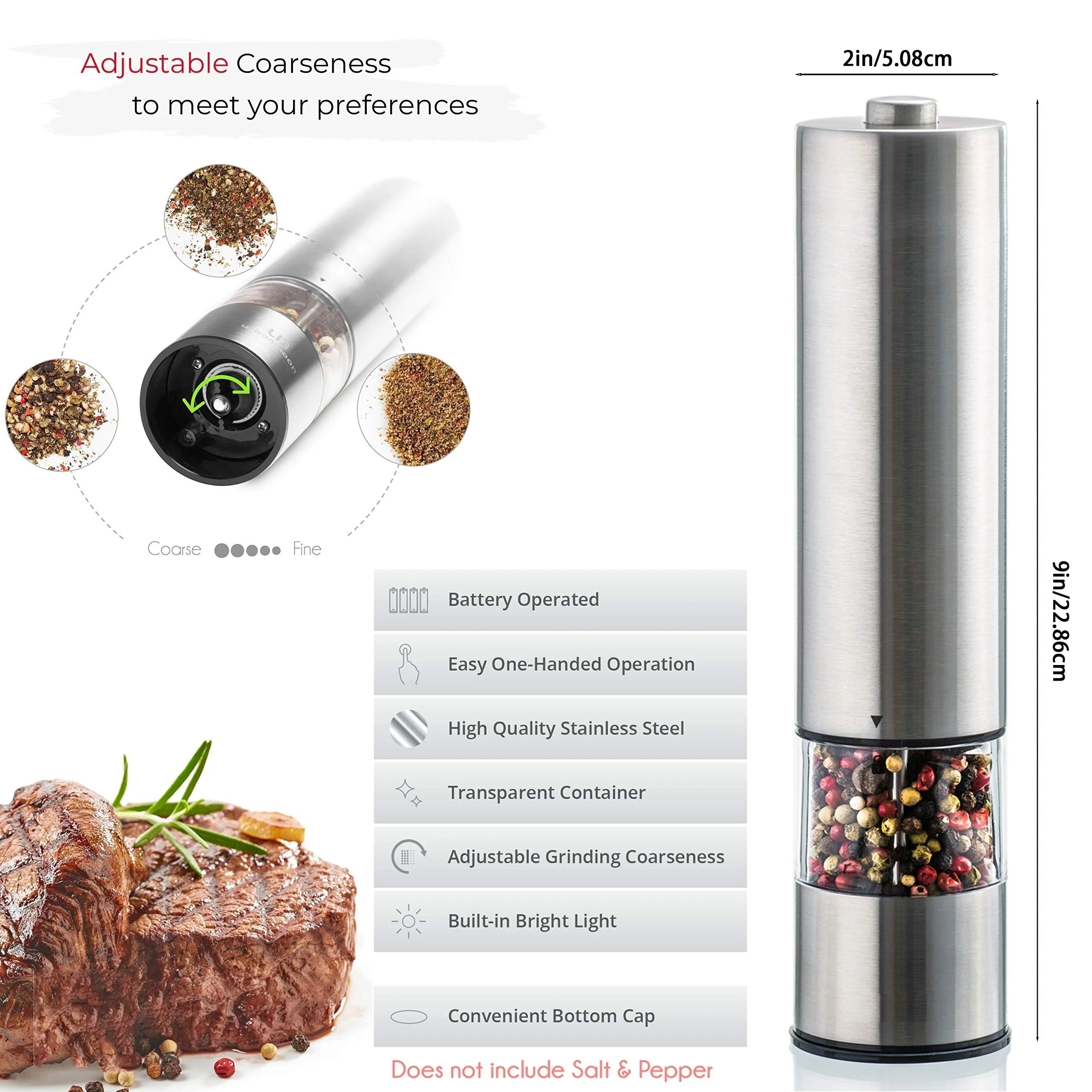 Electric Salt Pepper Grinder Set One Handed Operation Stainless Steel Spice Mill With Light Automatic Pepper Grinde for Kitchen 