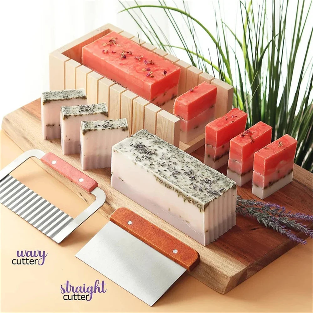 Kit de Fabrico de Sabão Artesanal DIY Corte de Bamboo e Caixa Interior com Molde de Silicone Fio de Aço Inoxidável Cortador Reto e Cortador Ondulado