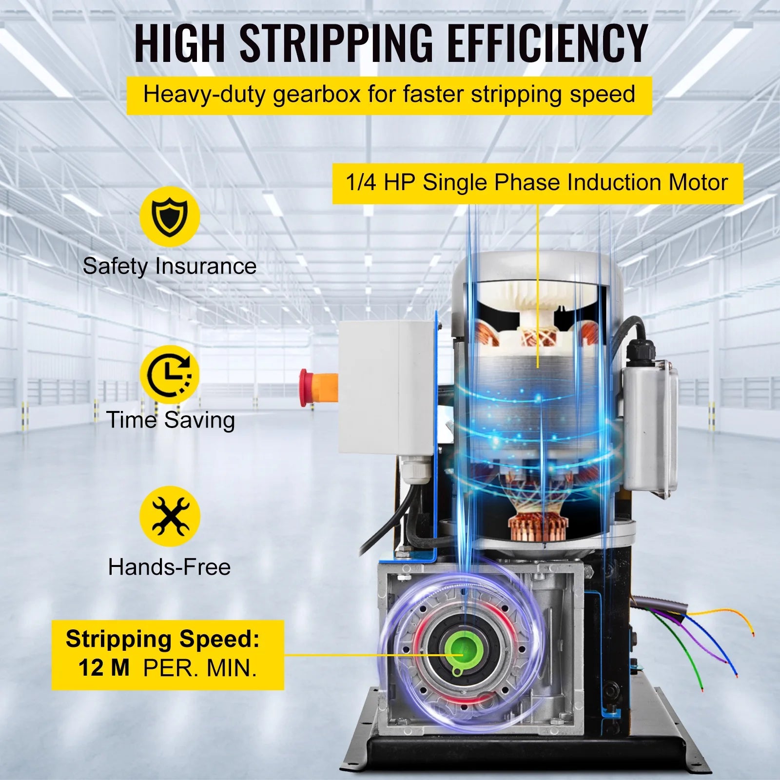 SucceBuy elektrický stroj na odizolování vodičů 370W, odizolování kabelů 1,5 mm–38 mm, 11 kanálů a 10 čepelí pro odstraňování plastu a gumy