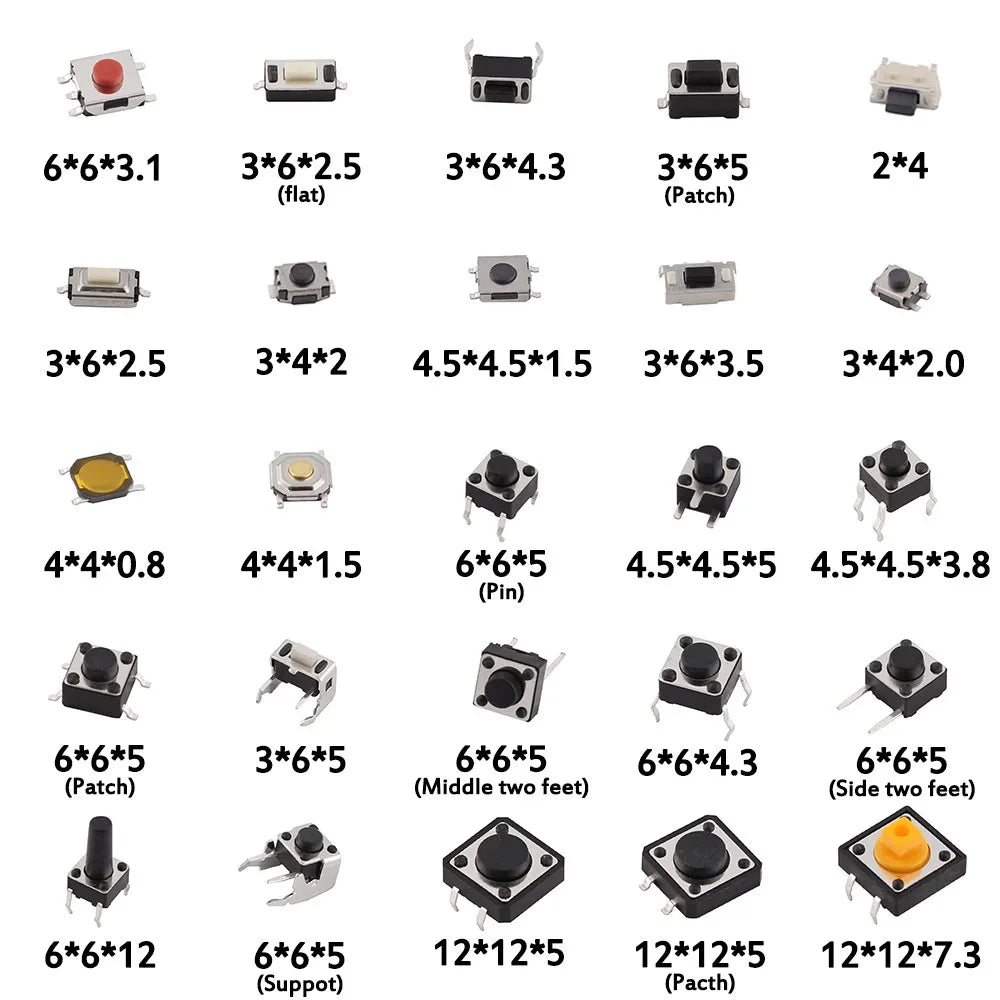125 komada, 25 vrsta u kompletu, razni mikroprekidači, taktilni tipkasti prekidači, SMD DIP, minijaturni lisnati prekidač za resetiranje 2*4 3*6 4*4 6*6, DIY komplet