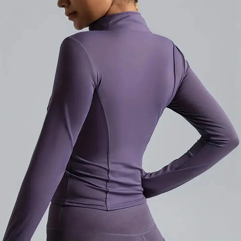 Women's Zip-Up Running Jacket Lightweight Stretchy Running Track Jacket with Thumb Holes, High Neck, Breathable Yoga Sportwear 