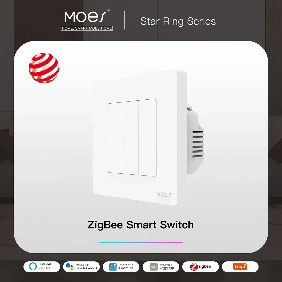 MOES Smart Light Switch Tuya ZigBee Star Ring Series No Neutral Wire No Capacitor Needed Smart Life Works with Alexa Google Home