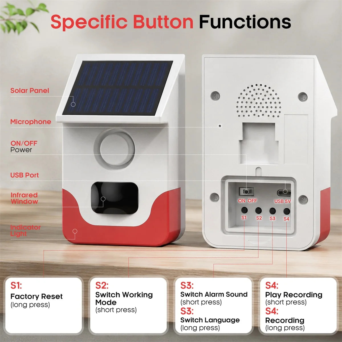 120° Detection Solar Alarm 120dB 4 Working Modes Solar-powered PIR Motion Detection Alarm For Home Courtyard Security
