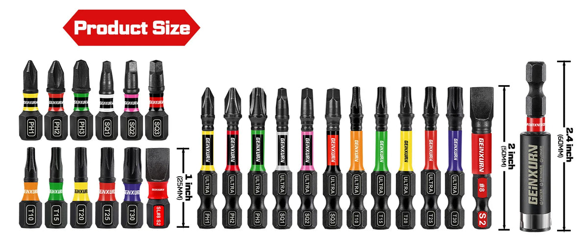 Geinxurn 13PCS Impact Phillipes/Square/Slotted Screwdriver Bits Set, 2'' Magnetic S2 Steel Bits Set with Color Coded Base