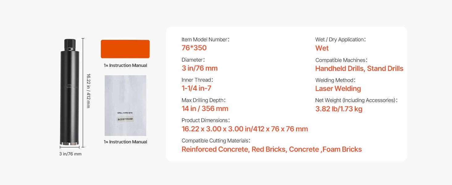 Diamond Core Drill Bit with Adapters for Concrete & Brick Drilling