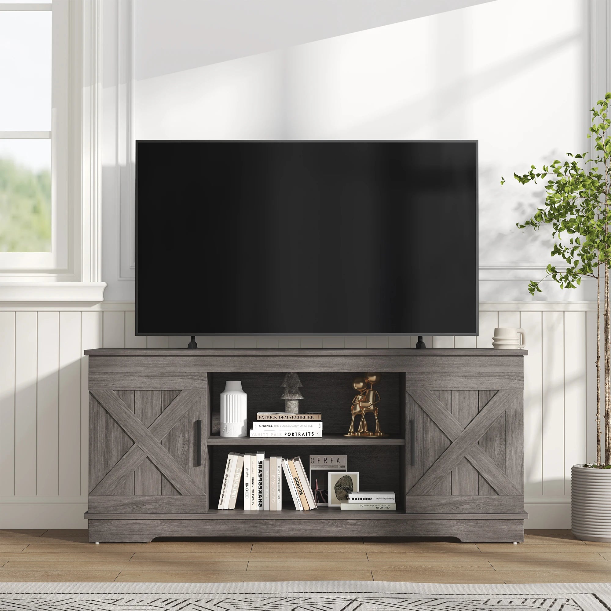 58-Inch Wooden TV Stand with Storage & Power for Up to 65” TVs