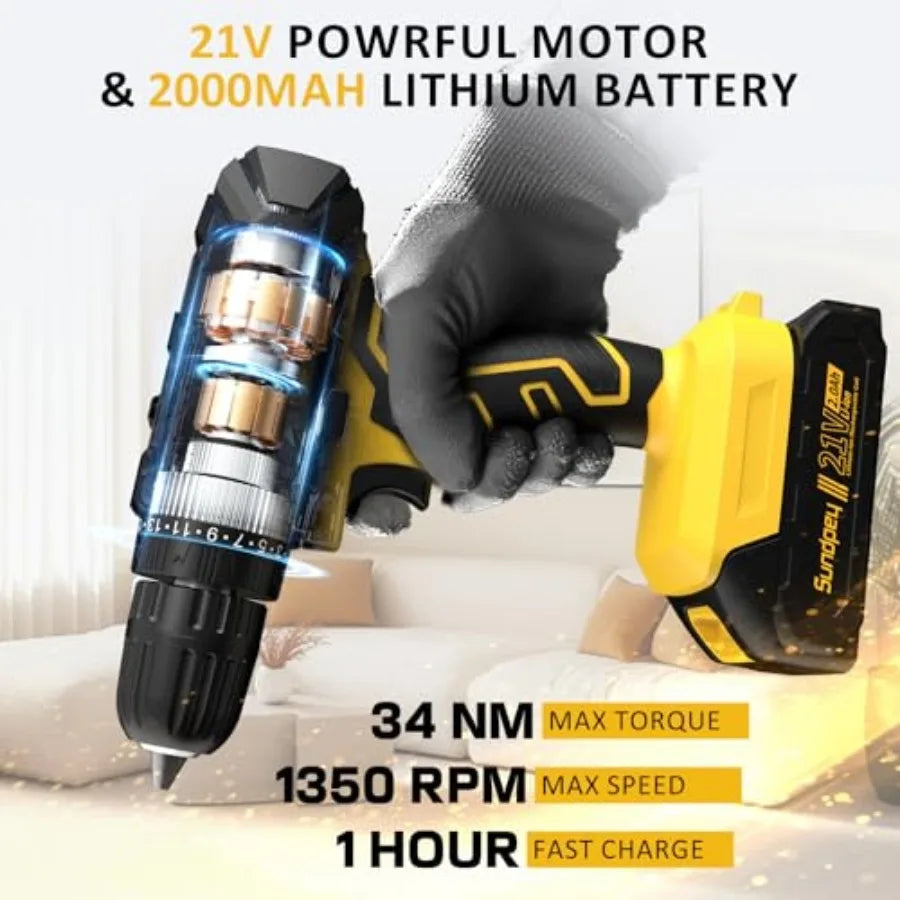 Sundpey 170-Piece Home Repair Tool Kit with 21V Drill