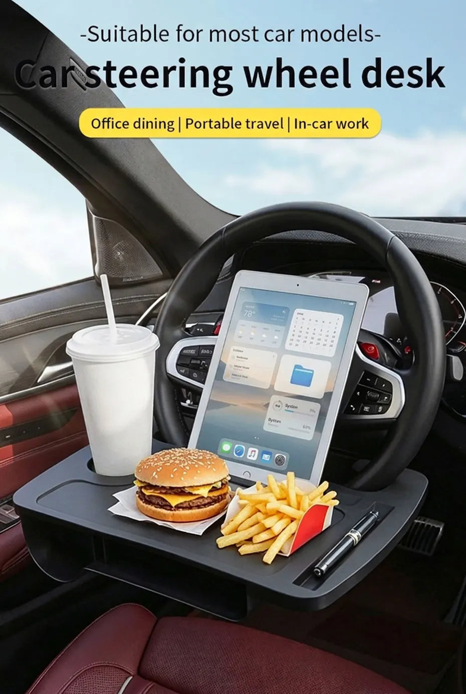 SEAMETAL Car Steering Wheel Food Tray Multifunctional Large Temporary Desktop for Car Interior Universal Laptop/Tablet Holder