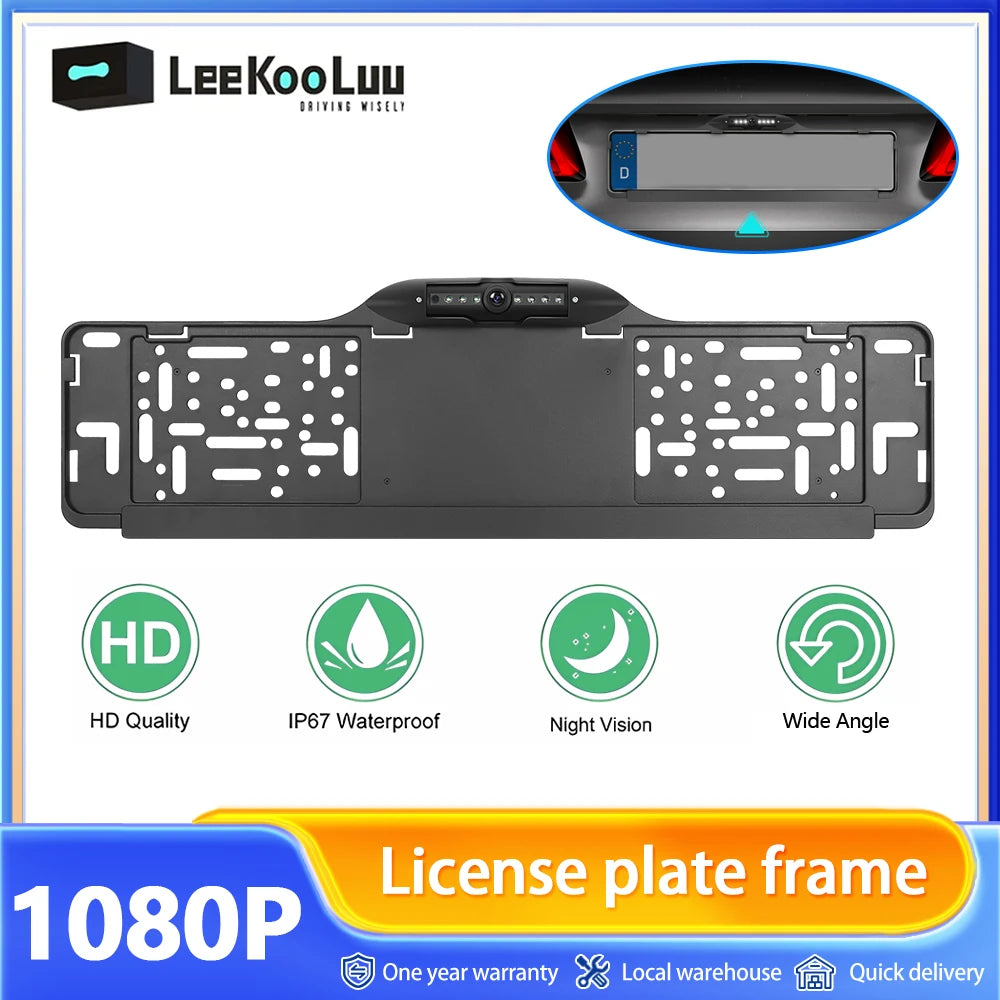 Cámara trasera para coche con marco de placa de matrícula europeo, impermeable, visión nocturna LED blanca 720P/1080P/CVBS Ajustable