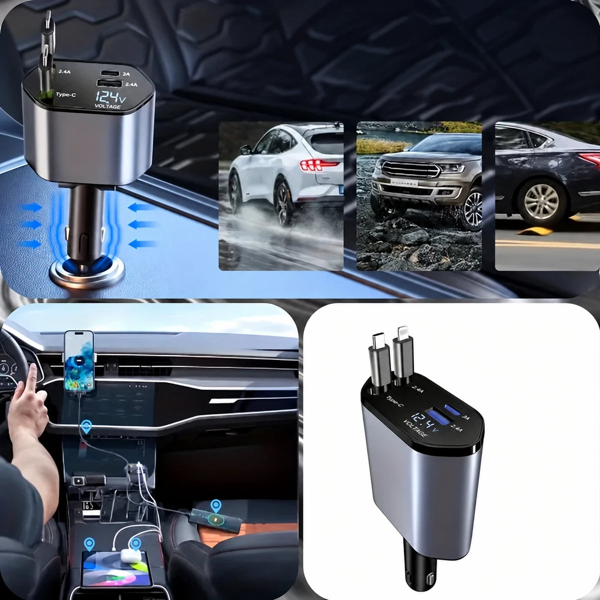 Chargeur de voiture rétractable 4-en-1 avec prise réglable