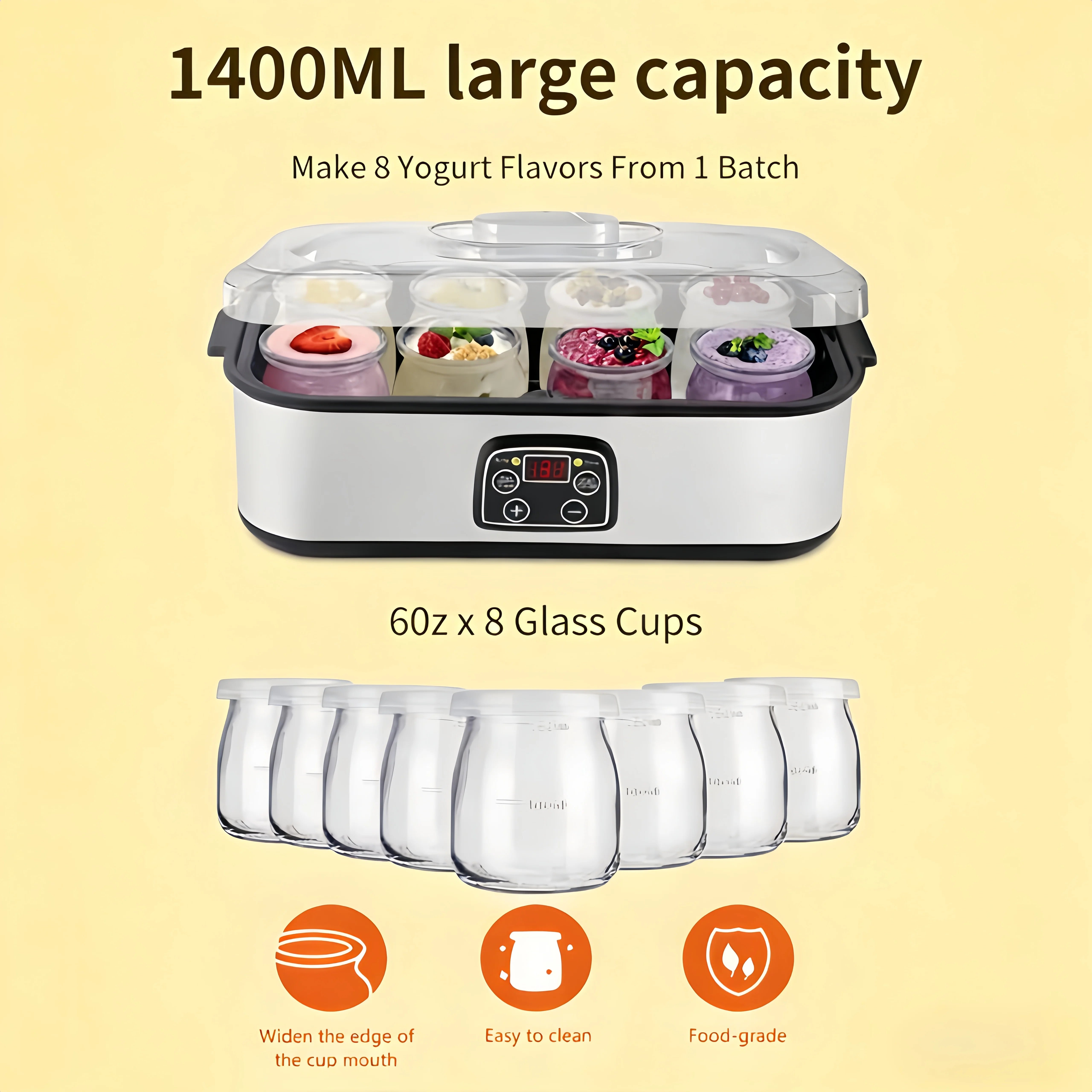Electric Yogurt Maker Machine, 8 Jars Stainless Steel Yogurt Fermenter with 5 FREE Gifts: Bottle Opener, Egg Separator, Dish Sponge, Cleaning Cloth, Jam Spreader