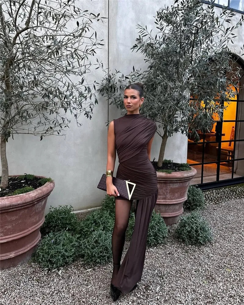 Mozision Irregular Draped Ruched Sexy Mini Dress For Women Elegant Turtleneck Sleeveless High Waist Pleated Club Party Dress 