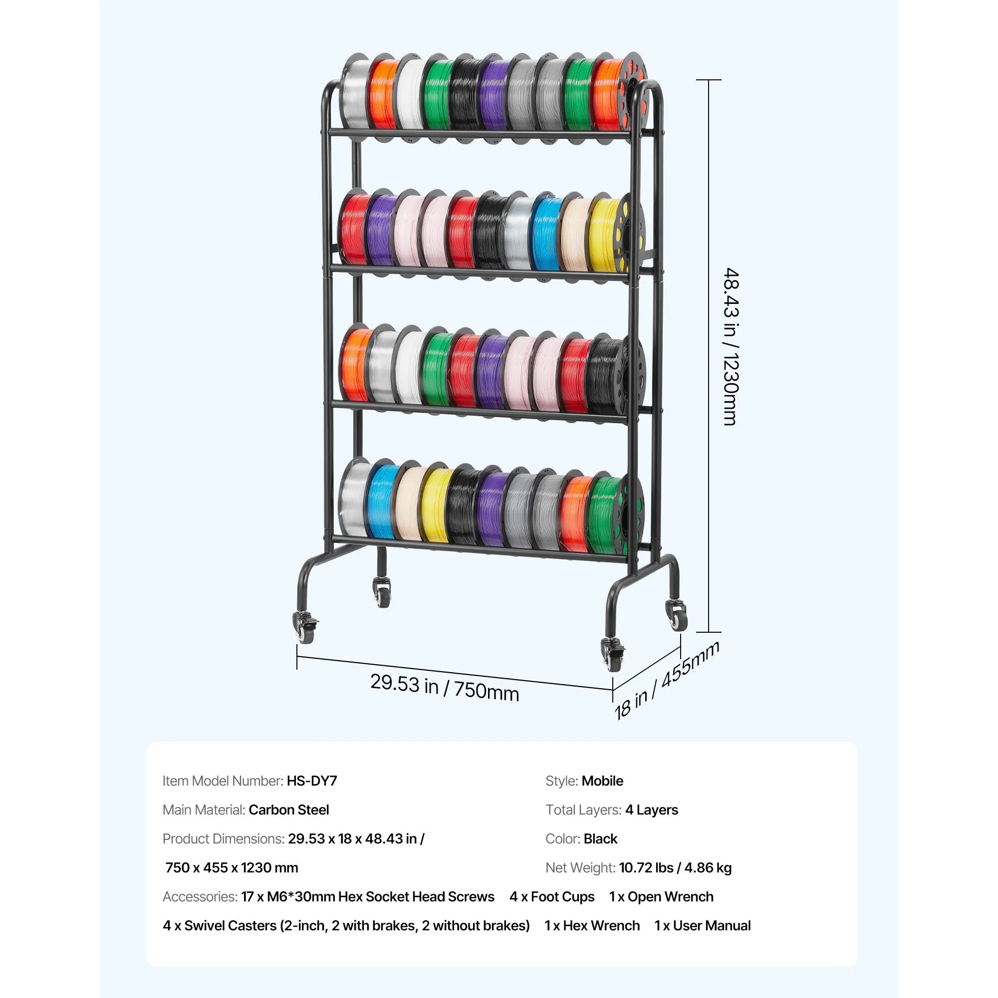 4-Tier 3D Printer Filament Storage Rack with Wheels (40 Spools)