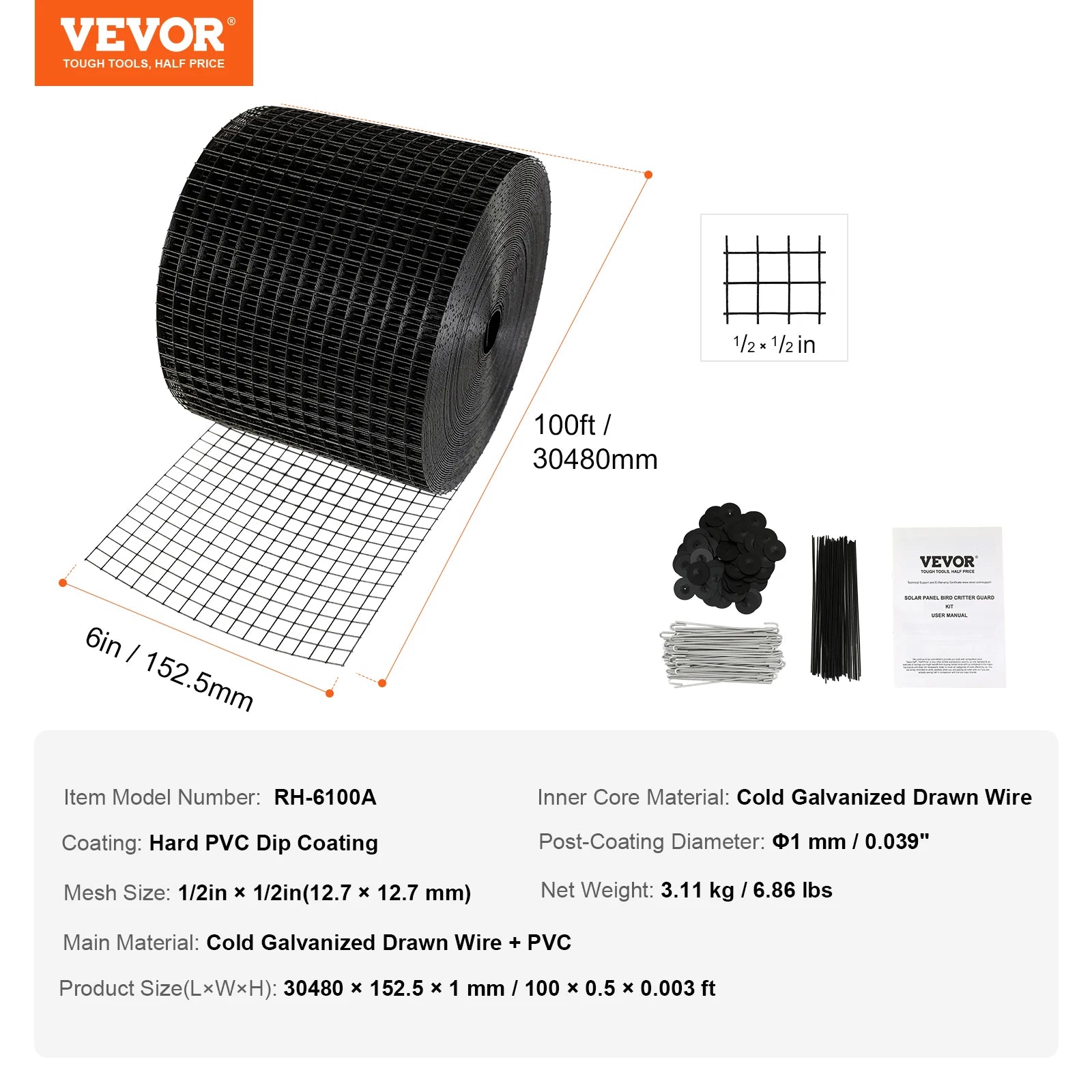 SucceBuy Solar Panel Bird Guard Critter Guard Roll Kit Stainless Steel Fastener Solar Panel Rustproof PVC Coating Wire Roll Mesh