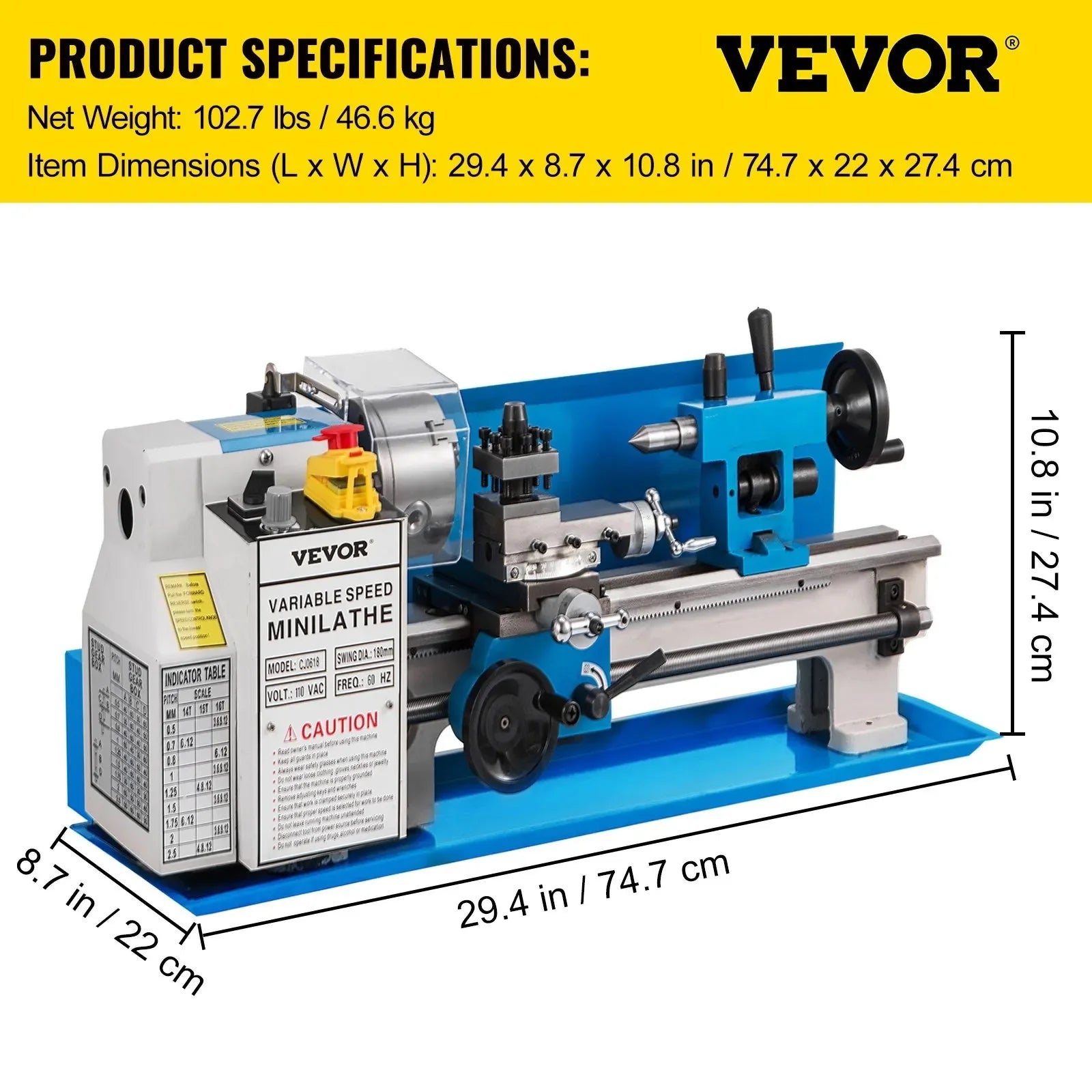 7x14 Inch Mini Metal Lathe 550W Variable Speed 50–2500 RPM