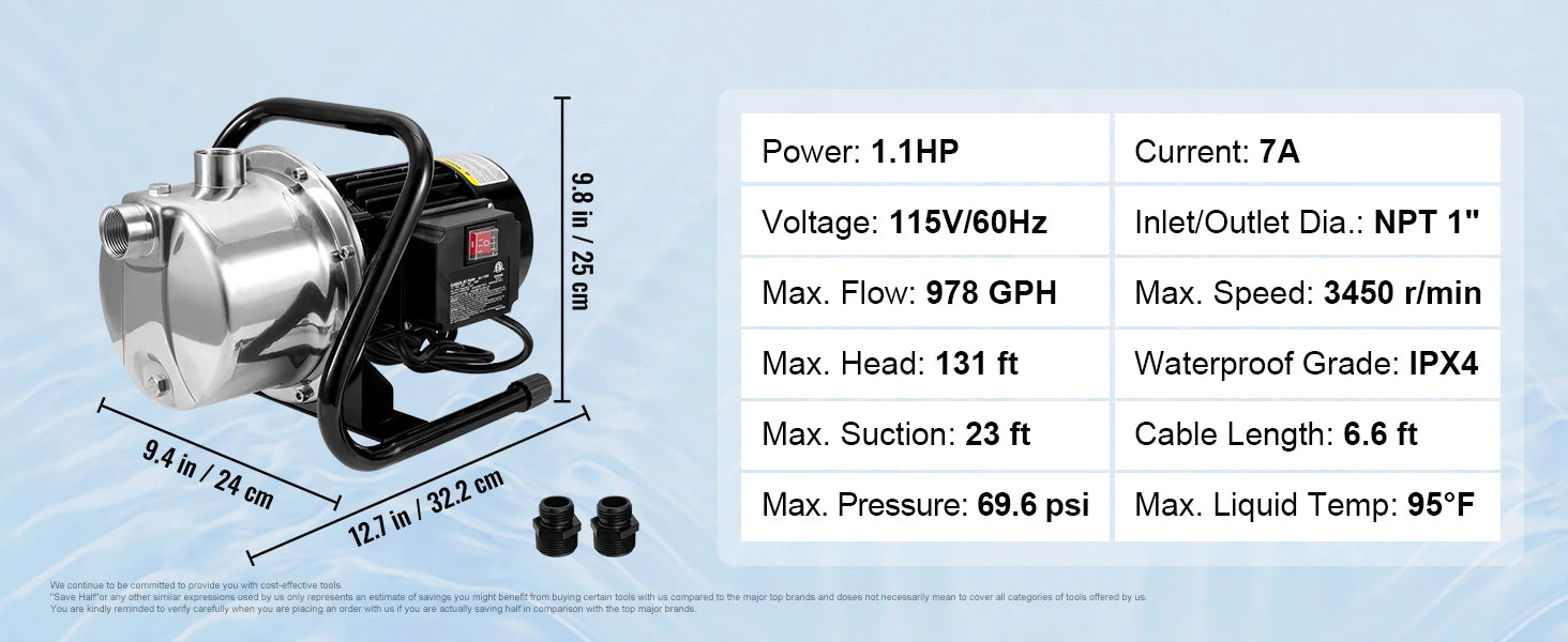 SucceBuy Shallow Well Pump 1.1 HP 115V 978GPH 131ft Height 69.6psi Max Pressure Portable Sprinkler Booster Jet Pumps Irrigation