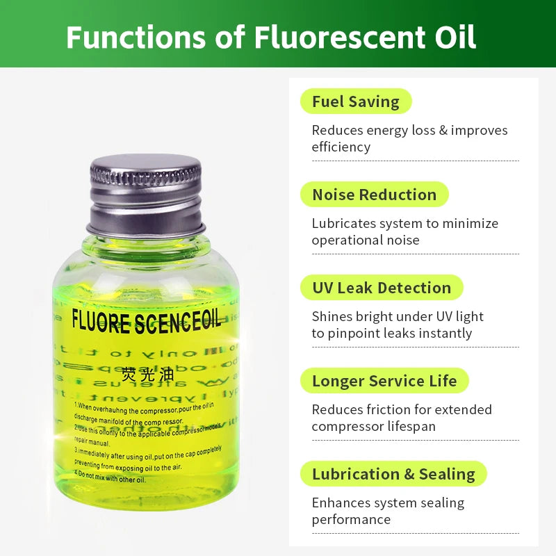 Bilens luftkondition fluorescerande oljedoft UV-ljus läckage detektor spårare för R134a, R1234yf，R404a, R22, R32, R410a köldmedier