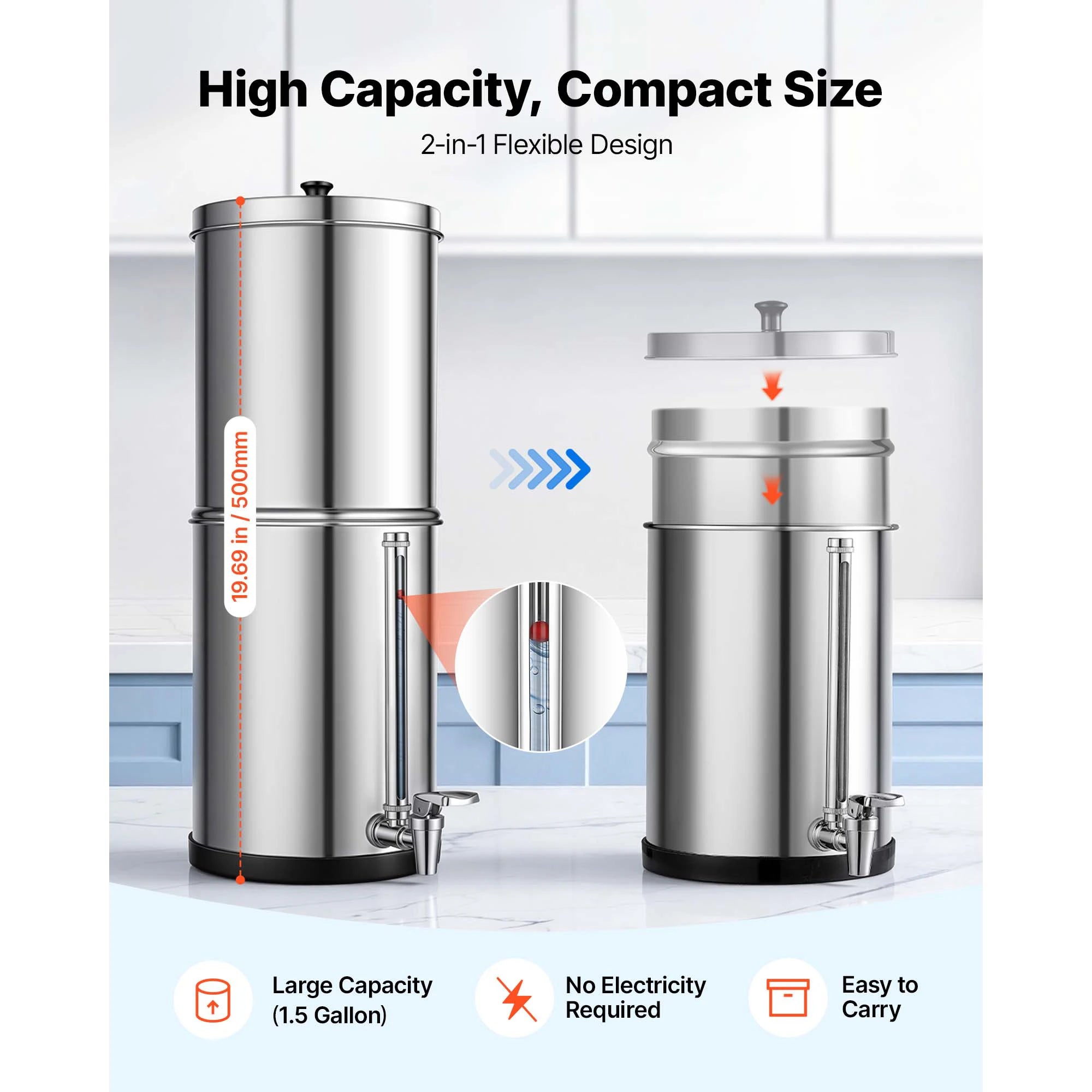 Gravity-Fed Water Filter System with 2 Carbon Filters