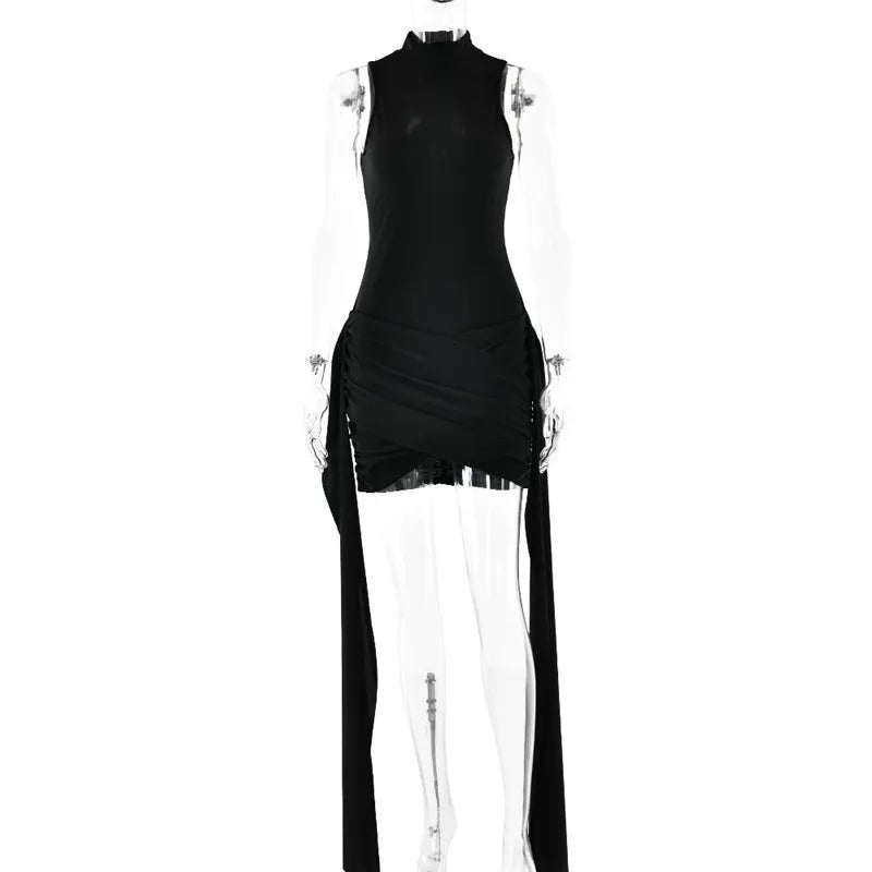 Mozision Turtleneck Sleeveless Sexy Mini Dress For Women Fashion Irregular Ruched Tank Dress Femme Elegant Club Party Dress 