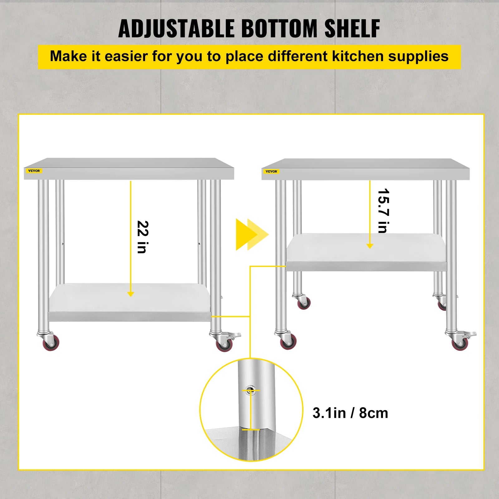 Stainless Steel Kitchen Prep Table with Wheels & Adjustable Shelf