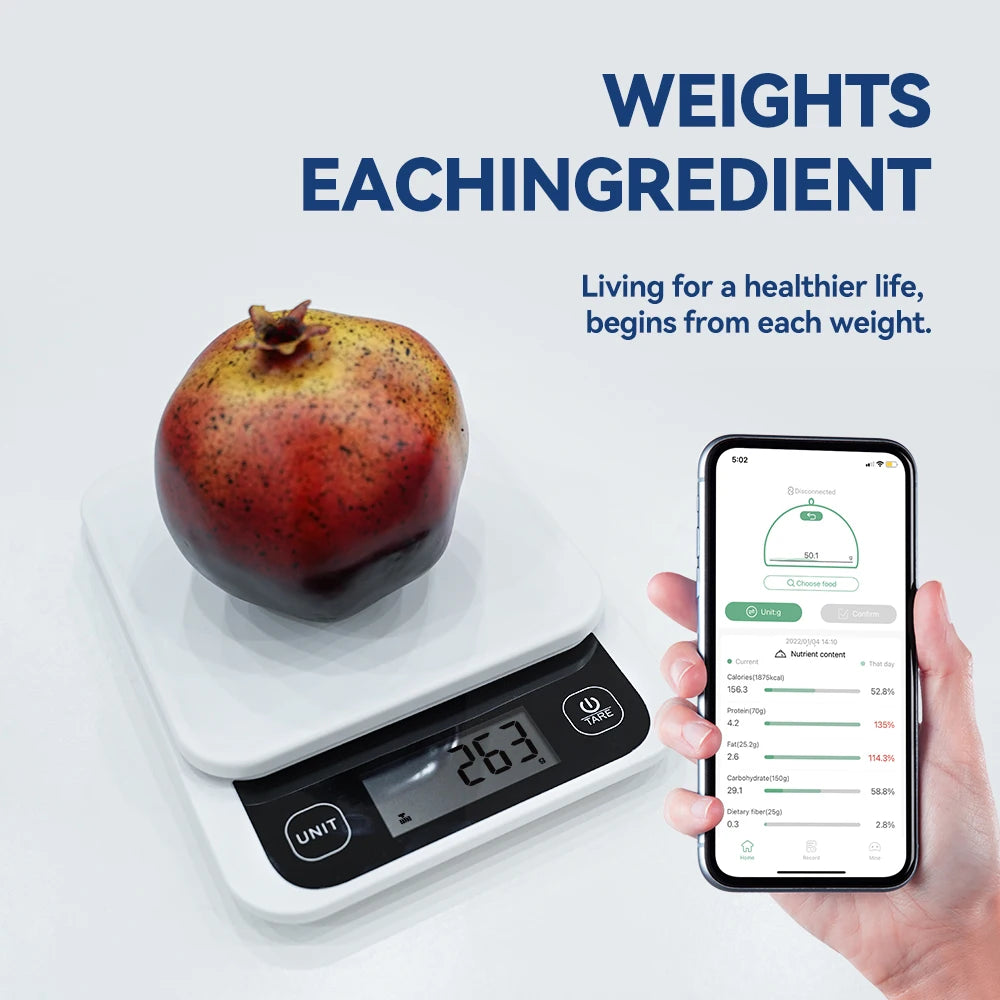 Smart køkkenvægt til ernæring, kapacitet på 5 kg, 0,1 g / 1 g