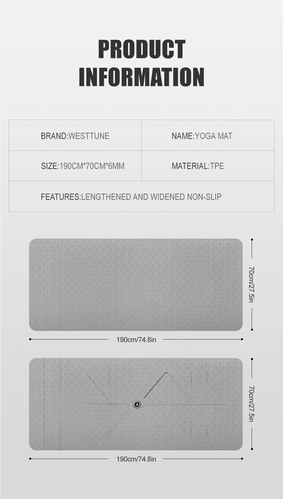 190CM Non-Slip TPE Yoga Mat with 6mm Cushioning