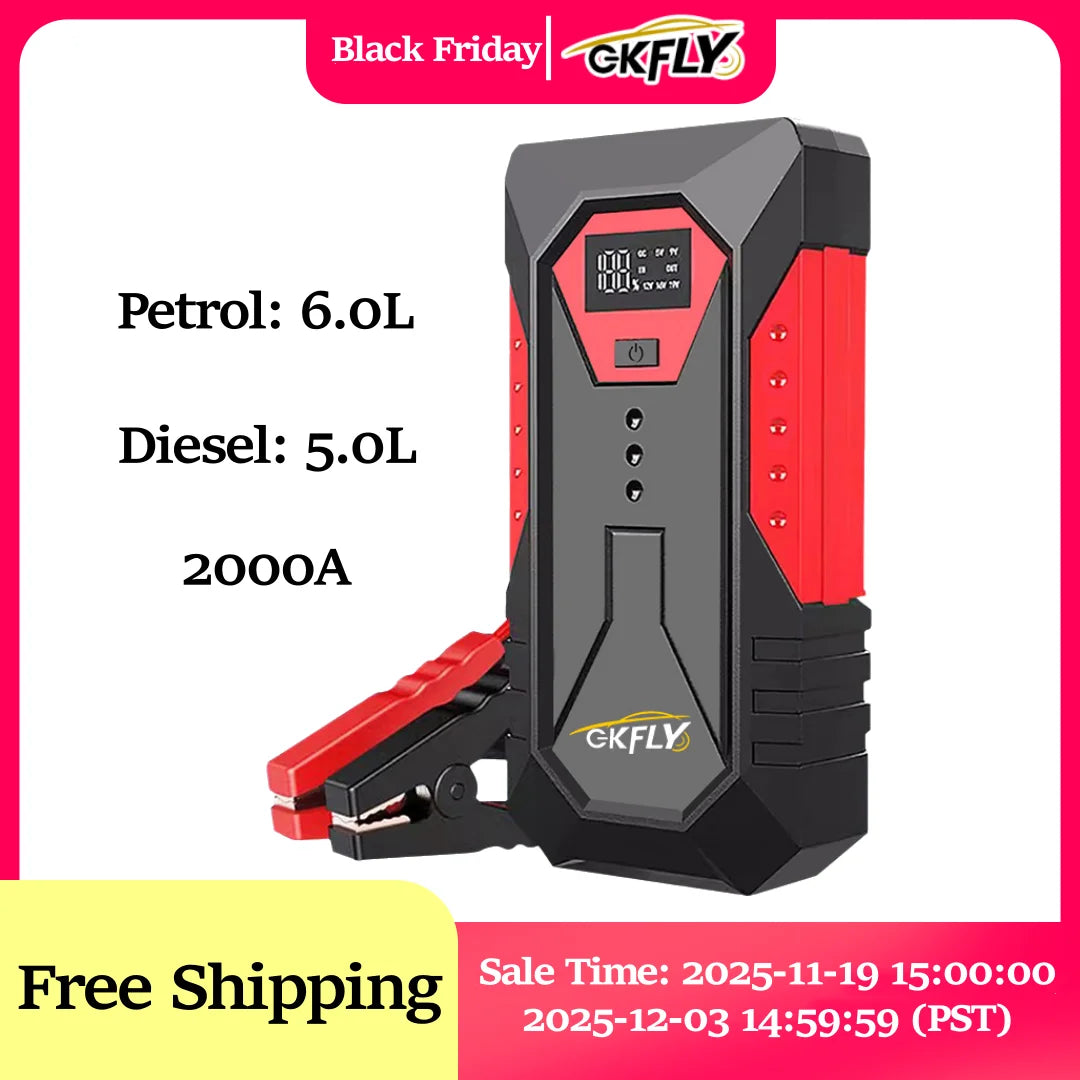 GKFLY 800A 1200A 2000A Car Jump Starter Big Power Bank Car Battery Booster 12V Car Starting Device for Petrol  6.0L Diesel 4.0L