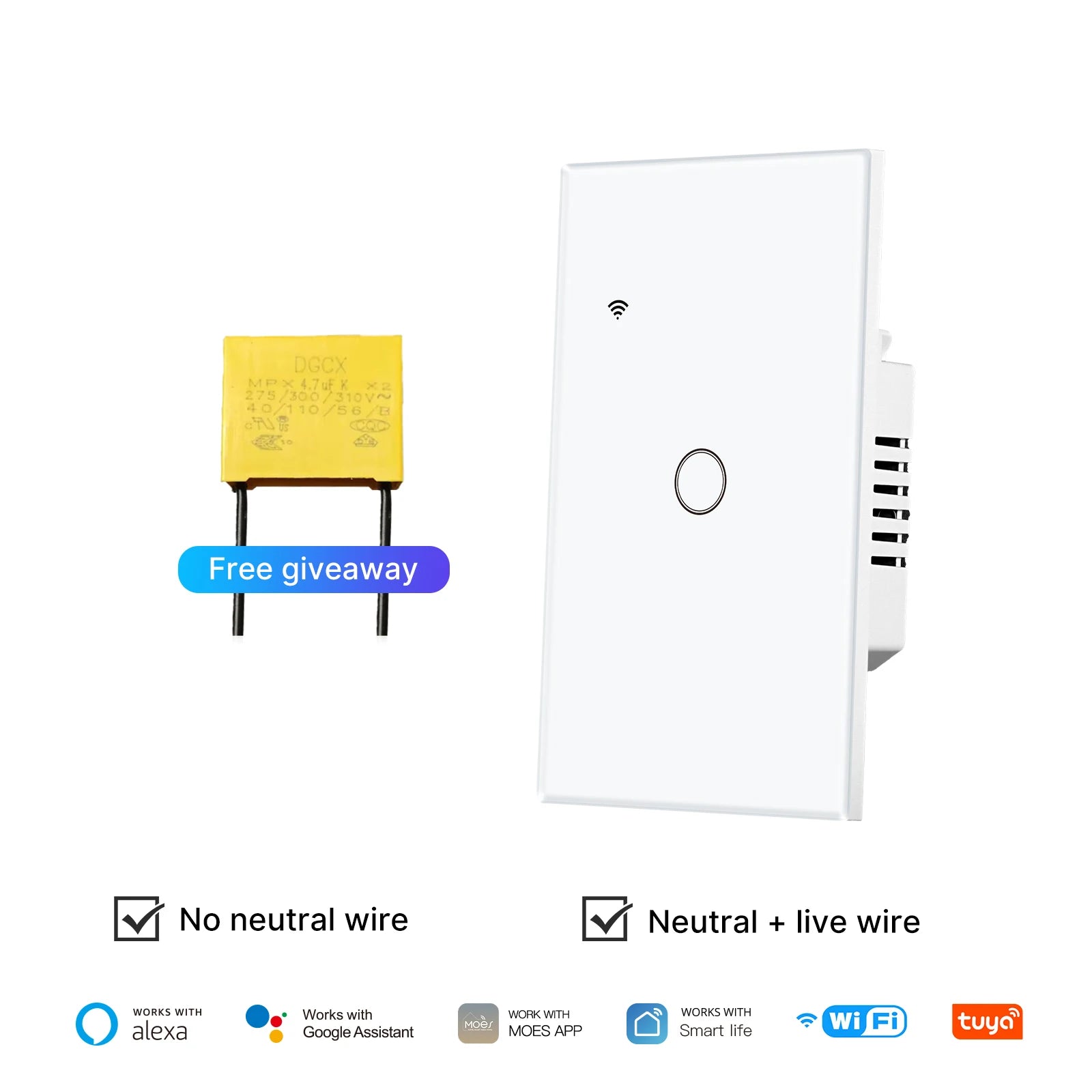 Smart Light Switch No Neutral WiFi Touch Control