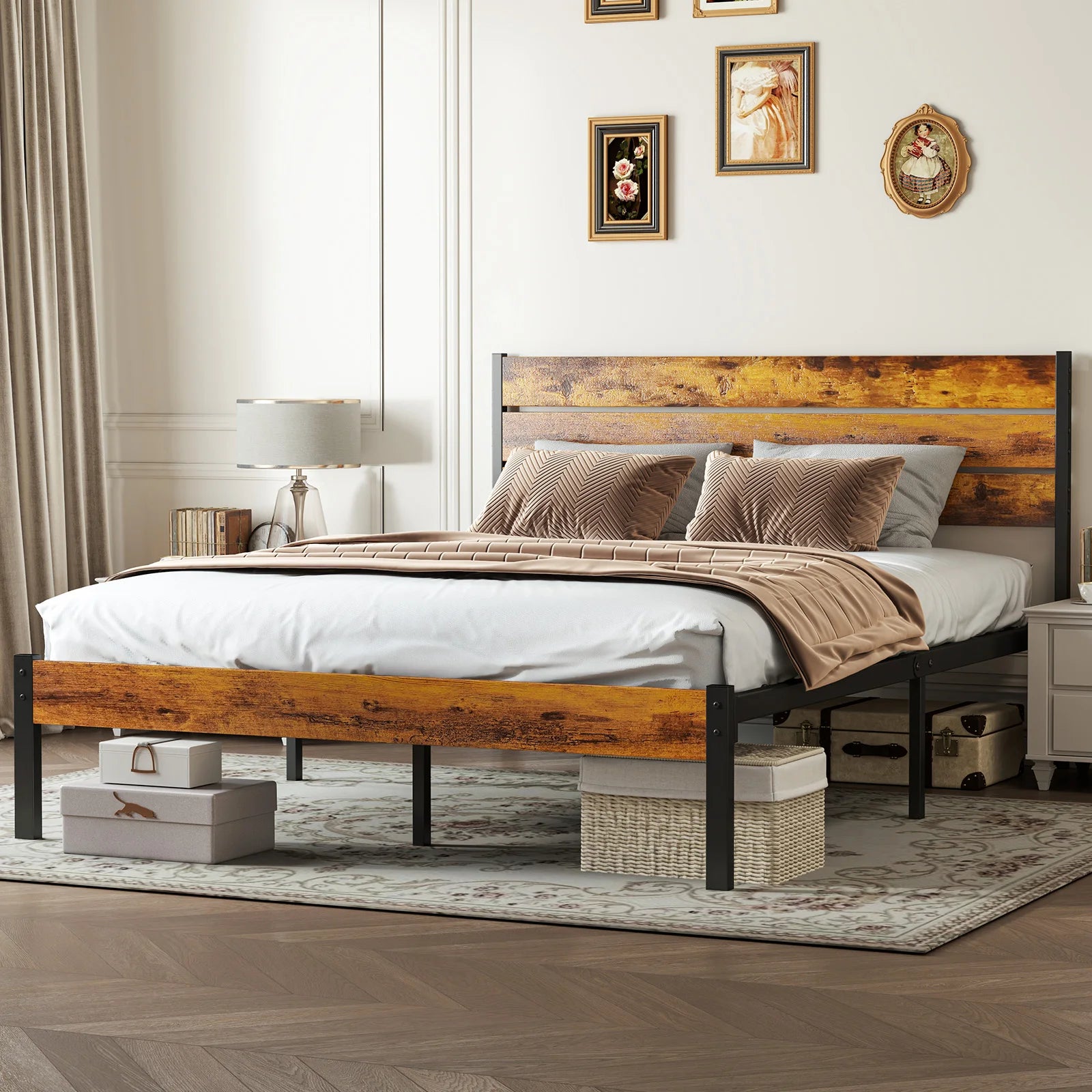 Metal Platform Bed Frame with Wooden Headboard, No Box Spring Needed