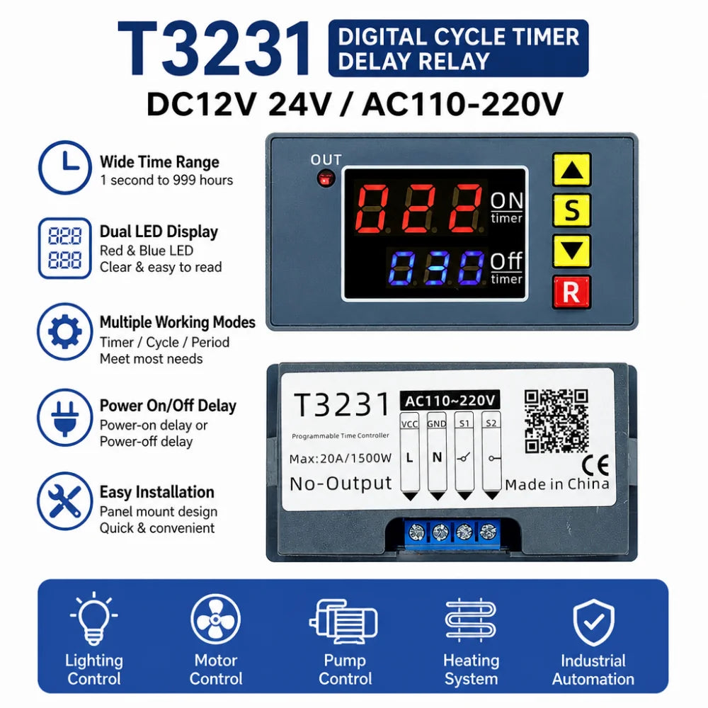 T3231 syklinen ajastinrele, DC12V/24V、 AC110V/220V, digitaalinäyttöinen ajastinohjain, sopii muun muassa autokäyttöön