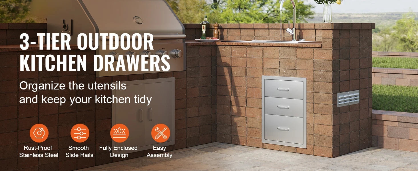 Tiroir triple en acier inoxydable pour rangement barbecue de cuisine extérieure