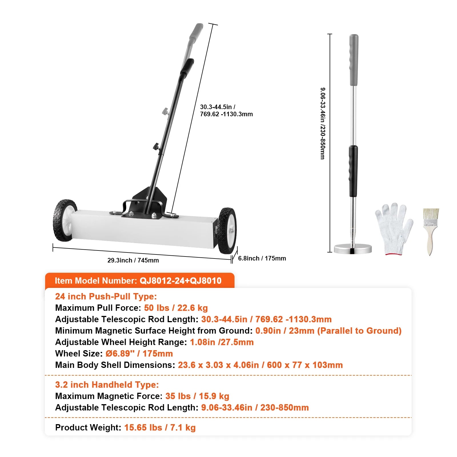 15" Rolling Magnetic Sweeper with Wheels for Nails & Metal Debris