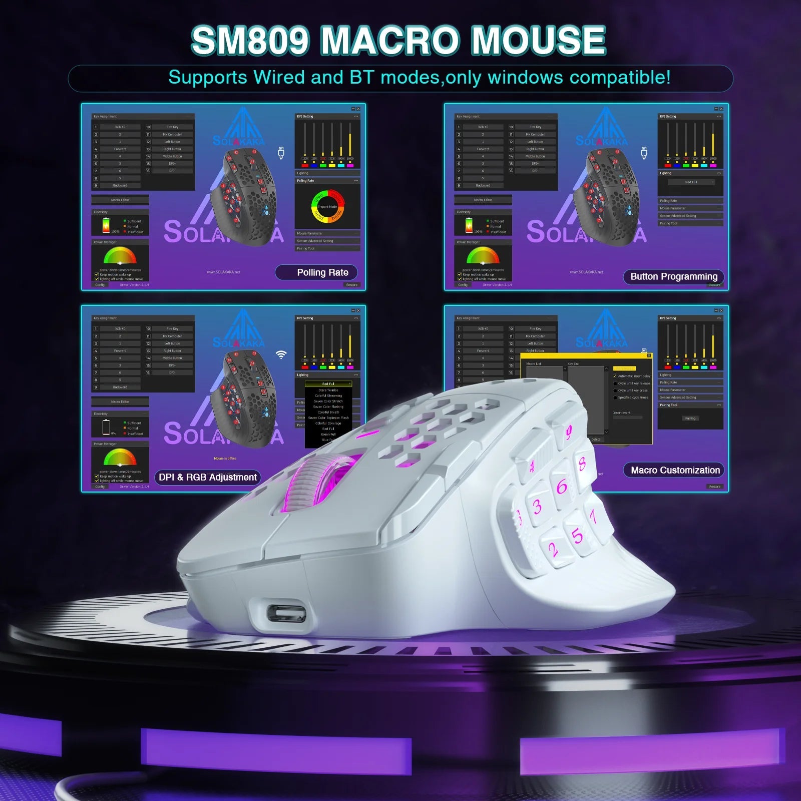 SOLAKAKA SM809 Pro Wireless MMO Gaming Mouse PAW3311 16 Side Buttons 24000 DPI RGB Honeycomb Programmable Macro Wireless mouse 