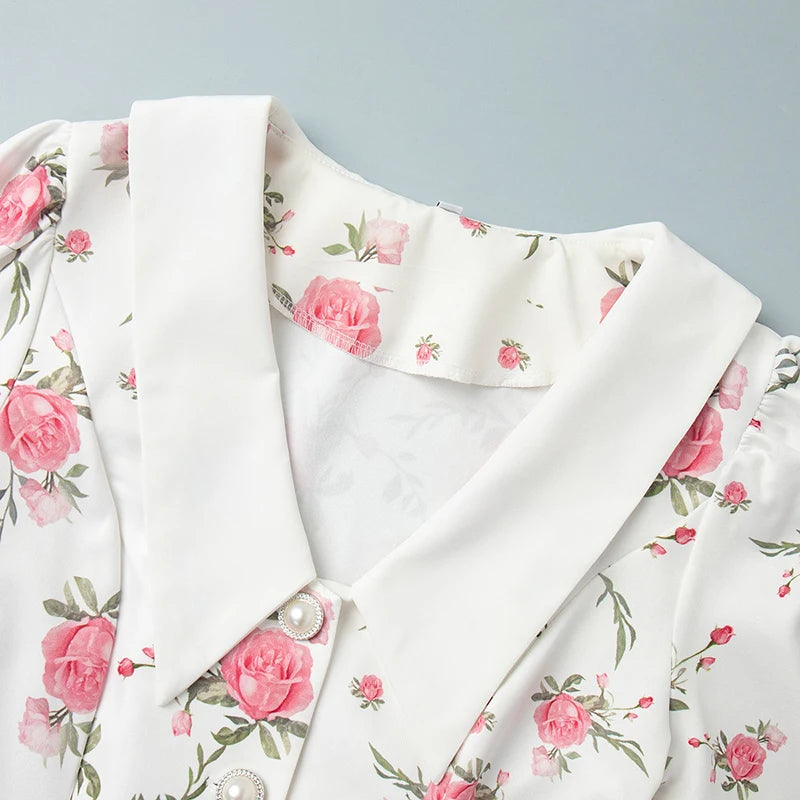 Tornova Print Puff Sleeves Ruffled Dress Women's V-Neck High Waist Pearl Buttons Mini Dress Female Casual Vacation Fashion Dress 