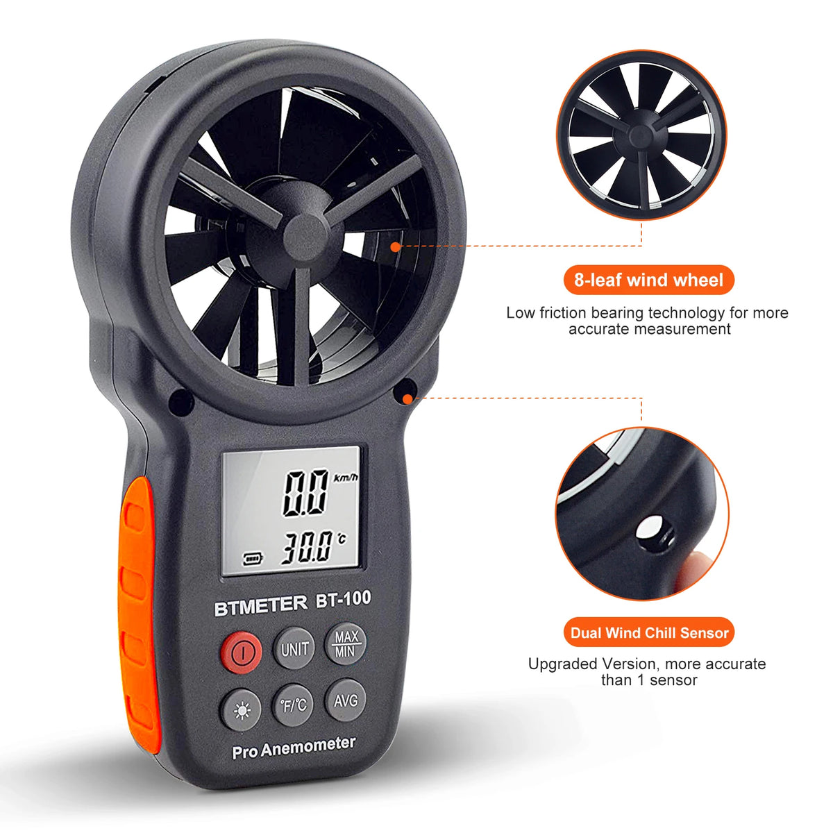 BTMETER Anemometer 0.3-30m/s -10~45℃ 5 Units MAX/MIN/AVG Wind Chill LCD Backlight Auto Off Low Battery Indicator HVAC Tool